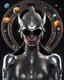 Placeholder: Full body. A captivating and vibrant image of an extraterrestrial being, perfectly suited for a futuristic cover. The alien sports a stunning metal headdress, with intricate designs that perfectly match his elegant silver face. Her retro-style oversized sunglasses are adorned with miniature stars and planets, accentuating her otherworldly charm. Against a dark cosmic void, the background displays a fascinating dance of vivid colors, evoking a sense of movement and cosmic energy.