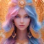 Placeholder: Flower angel, beautyful smiling young woman, long hair amazing blue eyes, happy cosmic, bright colors, blue, pink, gold, jewels, realistic, photo real, clear sunny background, highly detailed, high contrast, 8k high definition, unreal engine 5, extremely sharp detail, light effect, sunny light background