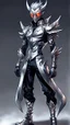 Placeholder: silver skinned anime Dragman cyberpunk with dragon mask in his eyes full body