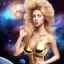 Placeholder: donna bellissima con corpo intero sexy,donna venusiana con occhi chiari capelli biondi,con abito oro,blu e bianco tra le stelle nel cosmo e le astronavi