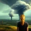 Placeholder: close view from behind of girl on hill watching massive nuclear mushroom cloud, destroyed city below, ultra-realistic, detailed matte, sharp, crisp, 3D octane render, 8k, high-quality, fine-detail, brian froud, howard lyon, selina french, anna dittmann, annie stokes, lisa parker, greg rutowski,