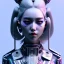 Placeholder: Cyber teenager, color makeup, grey hair, rounded face, geisha style hair, white skin, pattern dress, velvet, vibrant color, cyberpunk style, highly detailed, art stations, concept art, smooth, unreal engine 5, god rays, ray tracing, RTX, lumen lighting, ultra detail, volumetric lighting, 3d, finely drawn, high definition, high resolution, gradient background