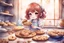 Placeholder: watercolor and ink, cute chibi anime sad girl baking cookies, ethereal, cinematic postprocessing, bokeh, dof