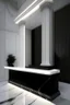 Placeholder: Museum reception desk with black walls, white floor, hidden or rich lighting, and the use of marble in the design