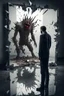 Placeholder: a man looking into a shattered mirror and seeing a horrifying, abstract deranged monster in his reflection