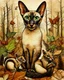 Placeholder: mixed-media picture of an autumn forest, a sitting up Oriental shorthair Siamese cat , with chipmunks and squirrels created in the style of Bohdan Pylypiv — combining pyrography with delicate watercolor accents. The main outlines and facial features are rendered with fine woodburned lines, rich in sepia, black, grey, green and brown tones and texture, pastel colors