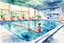 Placeholder: watercolor painting. Pool. indoor swimming pool. Teaching children to swim. Illustration. painting.