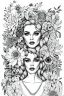 Placeholder: hyper detailed, black and white, thick line, coloring book illustration, lineart, stunningly beautiful woman in flowers