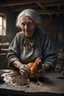 Placeholder: "A an old paints cracked dirty abandoned barn an old woman holding a chicken from the neck in one hand and holding a knife on the other hand on the table , , insanely detailed octane render trending on artstation, 8k artistic photography, photorealistic concept art, soft natural volumetric cinematic perfect light, chiaroscuro, award-winning photograph, masterpiece, oil on canvas, Raphael, Caravaggio, Greg Rutkowski, people, beksinski, Giger