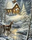 Placeholder: v20th century hungarian vintage postcard, painting of a deer in a snowy forest , a little cute village in the valley in the background, christmas mood, cosy enchanted winter scene, beautiful depiction, inspired by Terry Redlin, snowy winter beauty scene, painting, by Cindy Wright, beautiful detail, by Doris Blair, wintery scene, amazing detail, stunning artwork, vintage postcard, nostalgic style