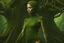 Placeholder: full body shot of a young, slim woman covered in a one-piece bodysuit made from tiny green filigree leaves, emerging from a tree, detailed matte painting, deep colour, fantastical, intricate detail