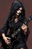 Placeholder: beautiful busty waif woman(wearing a wrinkled dark hoodie with wide sleeves trimmed with lace, skull face paint) playing a black electric guitar with scythe blade at top. heavy metal graphic novel