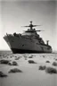 Placeholder: [very impressive high res masterpiece in Kodak Eastman 5247, scene by László Krasznahorkai] a gigantic warship in the middle of the desert, heavily loaded