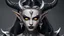 Placeholder: demon, female, big fangs, black hairs, elven ears, white skin, glowing eyes, black horns, yellows eyes, staff. warpoint, black lips, silver earrings, silver necklace, long ears, black makeup, ultra quality, ultra detailed, high details, highly detailed, hard-edge style