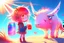 Placeholder: cute chibi holographic girl looking at a red bull animal happily in sunshine