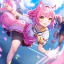 Placeholder: Clear focus,High resolution,High quality, Smiling, Pink long fluffy hair, Pink cat ears, Yellow eyes, Wearing a pink sailor uniform, running