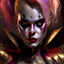 Placeholder: Photorealistic, upper body image, A very realistic scene of a realistic beautiful woman scary Harlequin jester in a realistic background, soft skin, black red pink and gold iridescent glow realistic hair, silk top, highly detailed eyes, smoke in the background, ultra realistic, Karol Bak, realistic art, clear focus, works by Karn Griffiths