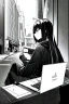 Placeholder: hacker girl use a laptop sitting in a public cafe, line arts, greyscale