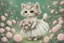 Placeholder: an anthropomorphic, kitten bride happily throwing a bouquet in a beautiful garden. The kitten has fluffy fur in shades of light brown and grey with distinct tabby markings on its face. Its large, expressive eyes are a deep emerald green and it has a small, pink nose. The kitten is wearing embroidered white lace bride dress, tulle, gemstones, pearls, adorning the hem and bodice. Behind her, a celebrating crowd, cats and people dressed in elegant clothes, wedding food and cake on the tables. Behin