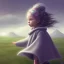 Placeholder: thick oil paint of a tiny little girl with long hair a grey hood covering face and a grey cloak side-running up a green grass hill, rimlight, profile, silhoutte, flare, colorful, joyful, bright, epic, realistic, detailed, sky in the background, happy pose, more colors, dragon flying over the mountains, leather boots