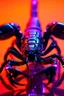 Placeholder: Black scorpion in purple light reflecting in their cybernetic enhancements.red and yellow background