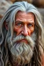 Placeholder: Generate a photo of a realistic Stone Age old man . He has grey long hair and beard , his skin is brown and his eyes are blue