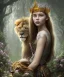 Placeholder: Young beautiful girl wearing floral crown with a majestic, stunning lion on nature forest path, Chronicles of Narnia, 8k resolution, high-quality, fine-detail, iridescent, intricate, digital art, detailed matte, volumetric lighting, beautiful, illustration, 3D octane render, brian froud, howard lyon, selina french, anna dittmann, annie stokes, lisa parker, greg rutowski,