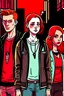 Placeholder: Low, chubby redhead teenage boy on the left, next to him, in the centre, a tall punk girl with brown hair, the tall redhead teenage boy on the right. graphic style, Margot Robbie style, town street, mysterious mood,