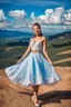 Placeholder: full-body closeup shot of a young, beautiful girl with a perfect face and makeup,wearing pretty dance dress standing in a stage in open air nice hills , blue sky ,pretty clouds at distant