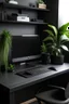 Placeholder: Office Black desk with pc with plants