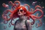 Placeholder: skinny woman clutching an octopus, red hair, octopus on head, falling comets, reflective sunglasses, heavy rain, outer space, shooting stars, dramatic light, laser beams, space war, battlefield face made of dots, pointillism, dotted multicolored shapes, symmetrical, digital art, hologram, virtual reality, digitized structure, ultra detailed, 3d render, trending on CG company,