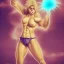 Placeholder: Completely naked,female,werewolf,athletic,muscular,spiky hair,electricity eyes,holding two lighting bolts, levitate,in the clouds