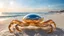 Placeholder: photorealistic fully transparent unusual crab completely made of soap bubbles, highly detailed, on the beach in front of the ocean, perfectly rendered