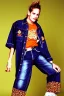 Placeholder: year 1996 denim fashion. Loose fit, low waist, baggy. Combat pants and t-shirt. Colors: denim blue, blue, purple, khaki, light green, lilac, plum, orange, terracotta, red, pink, dark blue, beige. Patterns: cheetah, balls, stripes. Women models. Sharon Stone, Sandra Bullock, Winona Ryder, Milla Jovovich, Big tennis shoes on. Latex in small part, areas, clothes..Combat pants. Leg warmers.