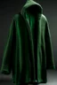 Placeholder: Man's large and green knitted coat opened on front without bottons and a hood