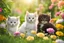 Placeholder: Generate an image depicting a sunny garden with vibrant flowers and lush greenery. Include three fluffy kittens playing together happily under the bright sun.