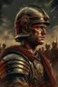 Placeholder: A movie poster of a Roman soldier low to up camera shots in the style of oil painting