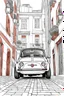 Placeholder: outline art for an adults coloring page, Fiat 500 in an Urban Alleyway , white background, detailed sketch style,no color , only use outline, clean art , white background, no shadows and clear well outlined,