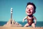 Placeholder: Elon musk as a Happy baby building a Very tall rocket-shaped sandcastle on the beach. He is wearing a polkadot swimsuit