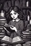 Placeholder: a girl possessed, eyes scary face, holding an old book, against the background of a dark room full of old things