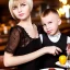 Placeholder: Russian guy boyish boylike short man's haircut boyish features in black girlish lacy cocktail dress as mother in restaurant