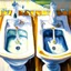 Placeholder: two white sinks, in one of them water is turning right and in the other lef, art, oil drawing, bright,