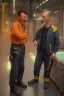 Placeholder: 2 men arguing in factory Simon Stalenhag cartoon style