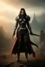 Placeholder: Tiefing assassin character, yellow eyes, dark hair, dark armor, waist up portrait, Demonic tail, light red skin, hyperrealistic, intricate details, insanely detailed, cityscape background, natural lighting