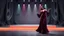 Placeholder: modern stage with gray-theme artistic decoration , color full dynamic lighting, a beautiful lady in modern maxy dark purple red dress with shining silver jwells dancing, 3D recursive fractal structure animating background