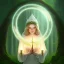 Placeholder: romantic fantasy spray painting, portrait of very cute hooded green eyed blonde robed bard with halo sitting on huge stone, bubbles, tossing torch in magical forest, foliage frame, magic wand