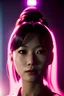 Placeholder: Young asian woman, sci-fi, purplr hair, gold eyes, gold jewelry, elegant hair, retro neon style, a lot of led lights, fog, rain, leather, vibrant color, highly detailed, art stations, concept art, smooth, unreal engine 5, god rays, ray tracing, RTX, lumen lighting, ultra detail, volumetric lighting, 3d, finely drawn, high definition, high resolution.