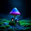 Placeholder: "Close up of a wonderful tiny Mushroom Tower home. blue and magenta with bright white, deep black and contrasting tones of gray. Illuminated bioluminescent forest. Professional painter, master at composition. small but detailed. broken, blurred background, voluminous lighting"