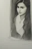 Placeholder: Pencil sketch of Young woman look through the window , Arab features,sad, long wavy hair, full body، on lined paper