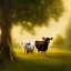 Placeholder: Cows together in the shade of a tree in their pasture, two sitting and one standing.